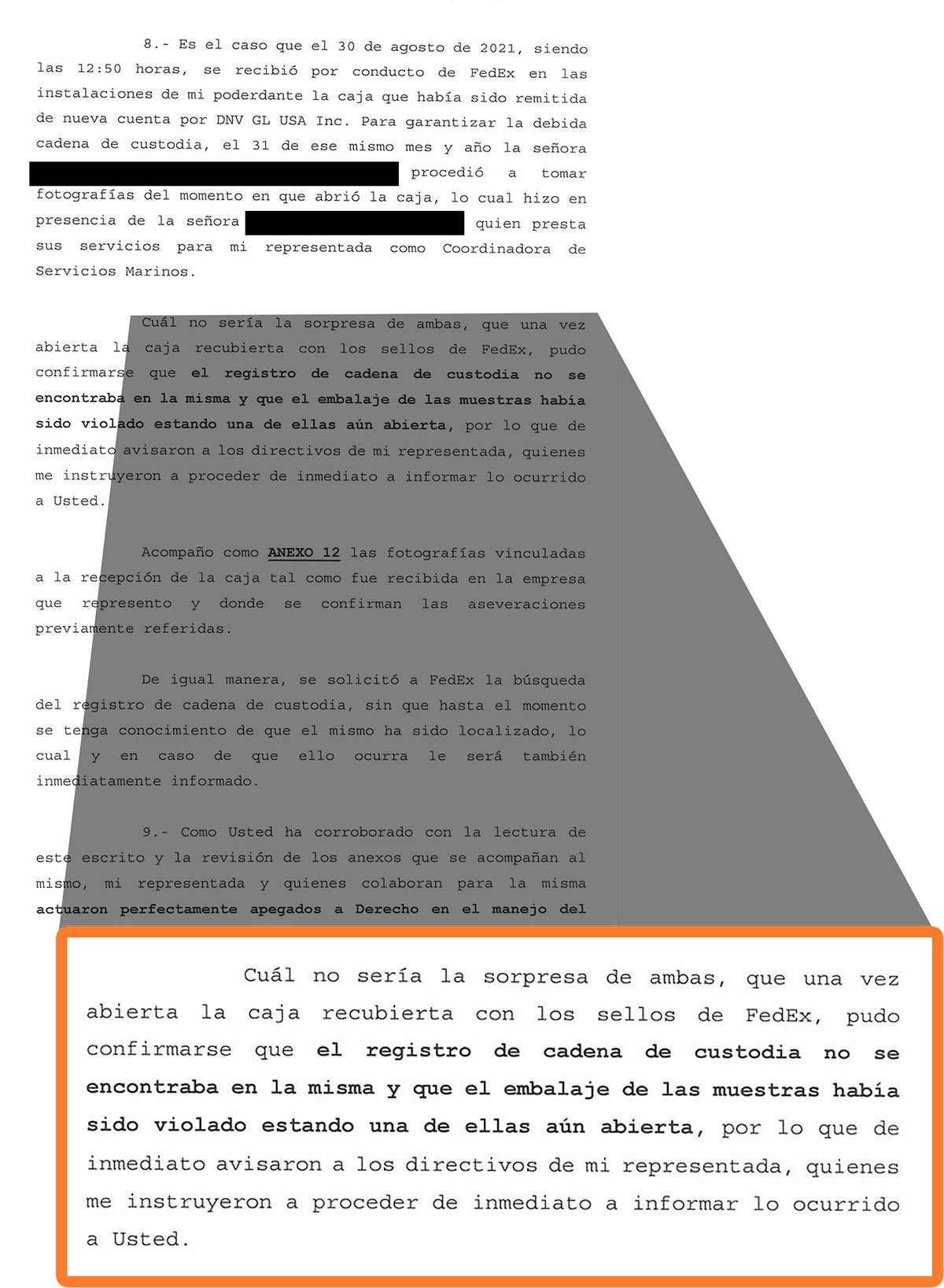 Fotografía: Extracto de la denuncia presentada por el representante legal de DNV, donde quedó asentada la desaparición de la cadena de custodia al abrir las cajas