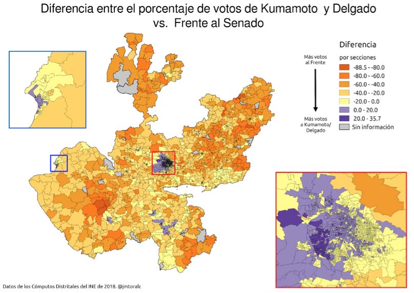 Figura 5: Diferencia entre el porcentaje de votos de Kumamoto y Delgado vs Frente al Senado