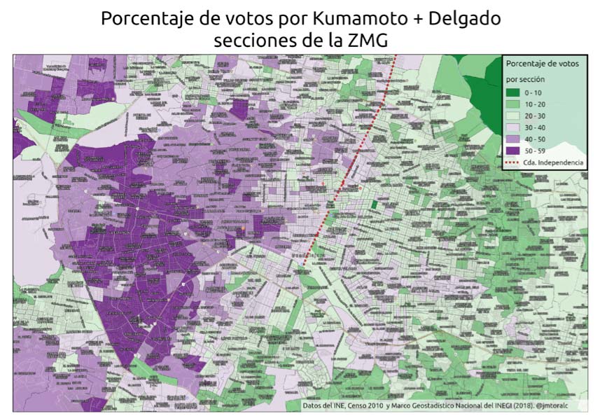 Figura 4: Porcentaje de votos por Kumamoto y Delgado en secciones de la Zona Metropolitana de Guadalajara