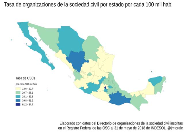 mapa tasa de organizaciones de la sociedad civil por estado por cada 100 mil habitantes