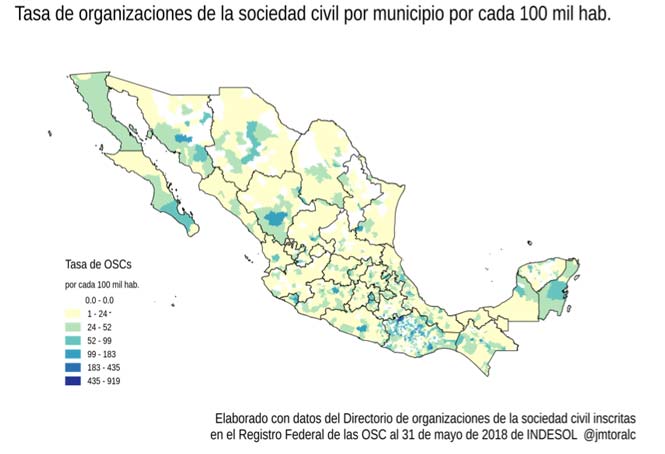 Mapa: Tasa de organizaciones de la sociedad civil por municipio por cada 100 mil hab.