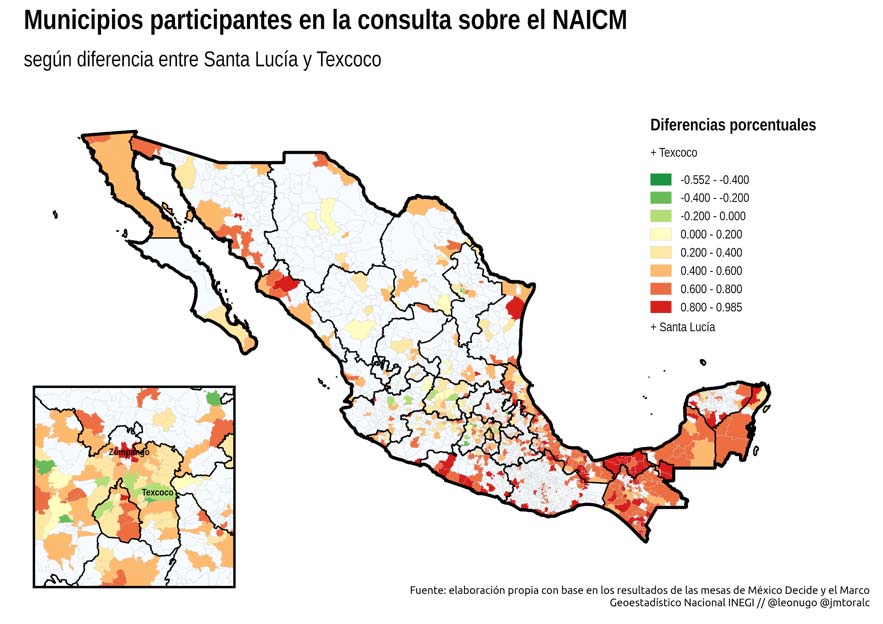 Mapa: Municipios participantes en la consulta sobre el NAICM según la diferencia entre Santa Lucía y Texcoco