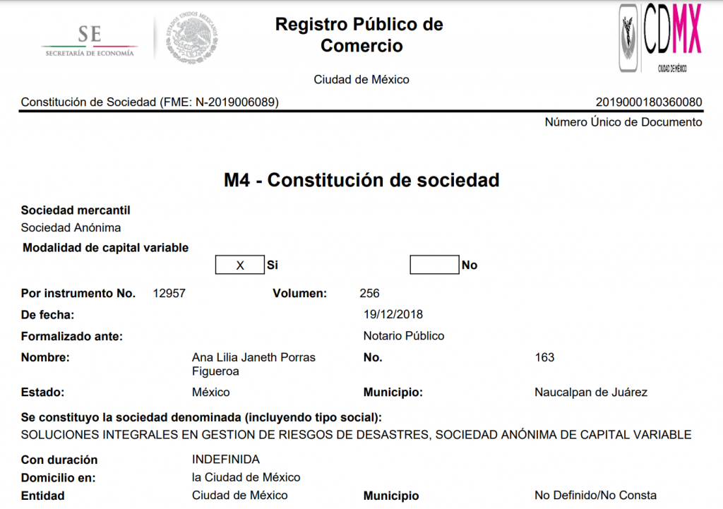 La compañía del exfuncionario se conformó en diciembre de 2018. Captura del Registro Público de Comercio de México.