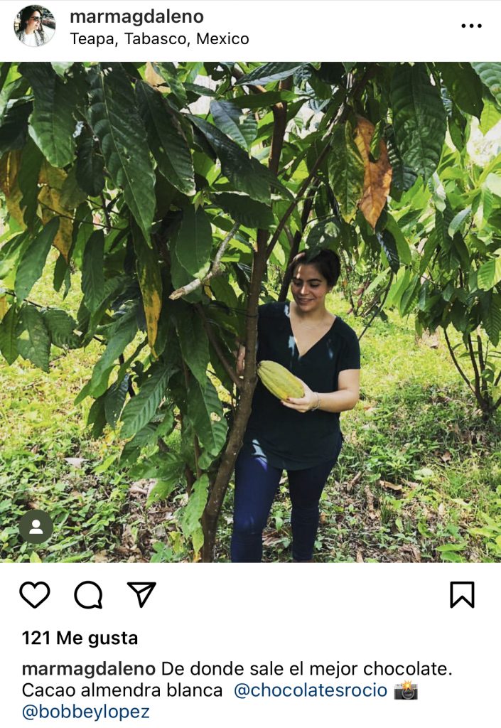 En su cuenta en Instagram, la asesora de la CFE publicó una fotografía que se tomó en la Finca Rocío, propiedad de sus primos Andy, José Ramón y Gonzalo, donde se cultiva el cacao con el que se produce el Chocolate Rocío.