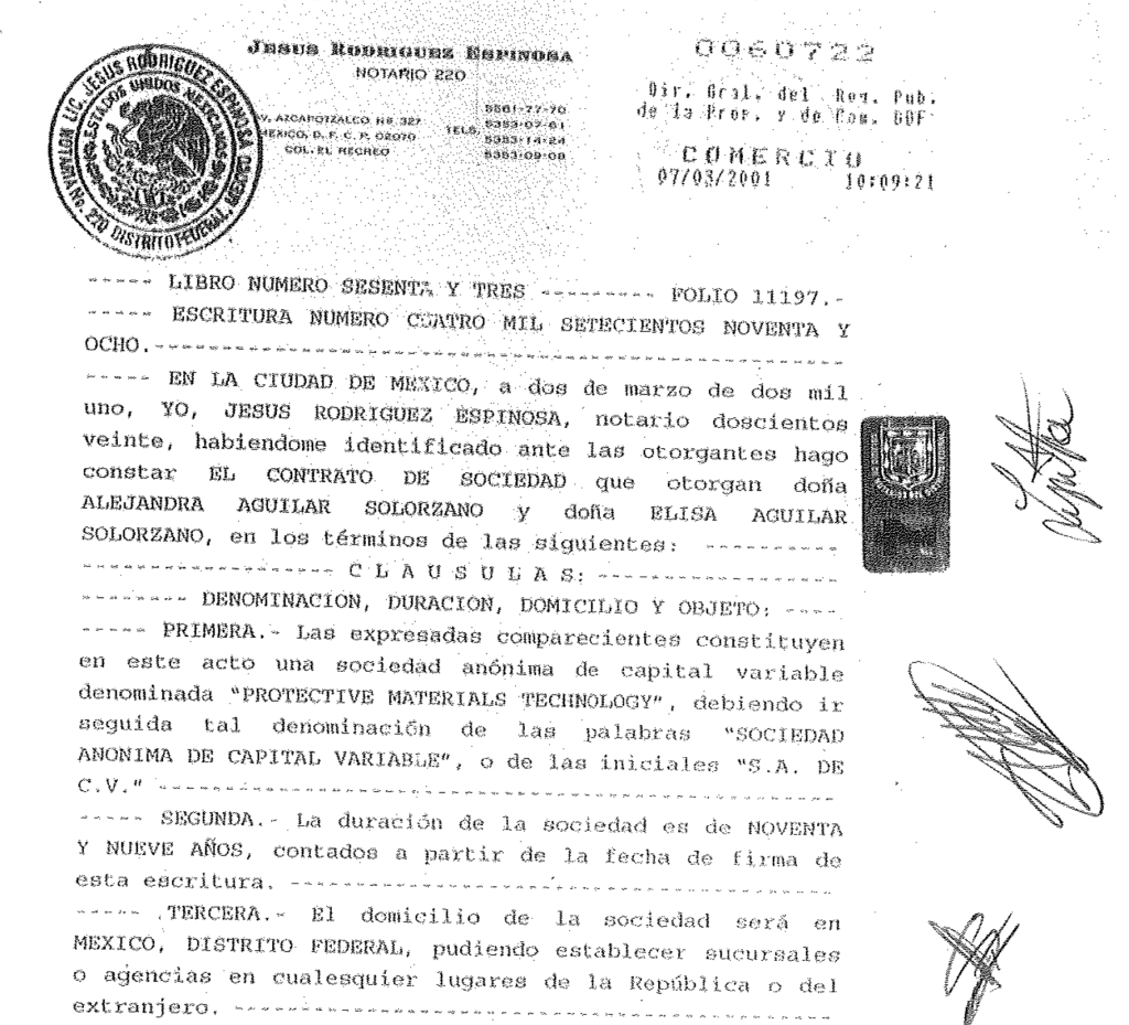 Acta constitutiva “Protective Materials Technology”, en la que aparece como accionista Alejandra Aguilar Solórzano, quien vendió el departamento al general Sandoval.