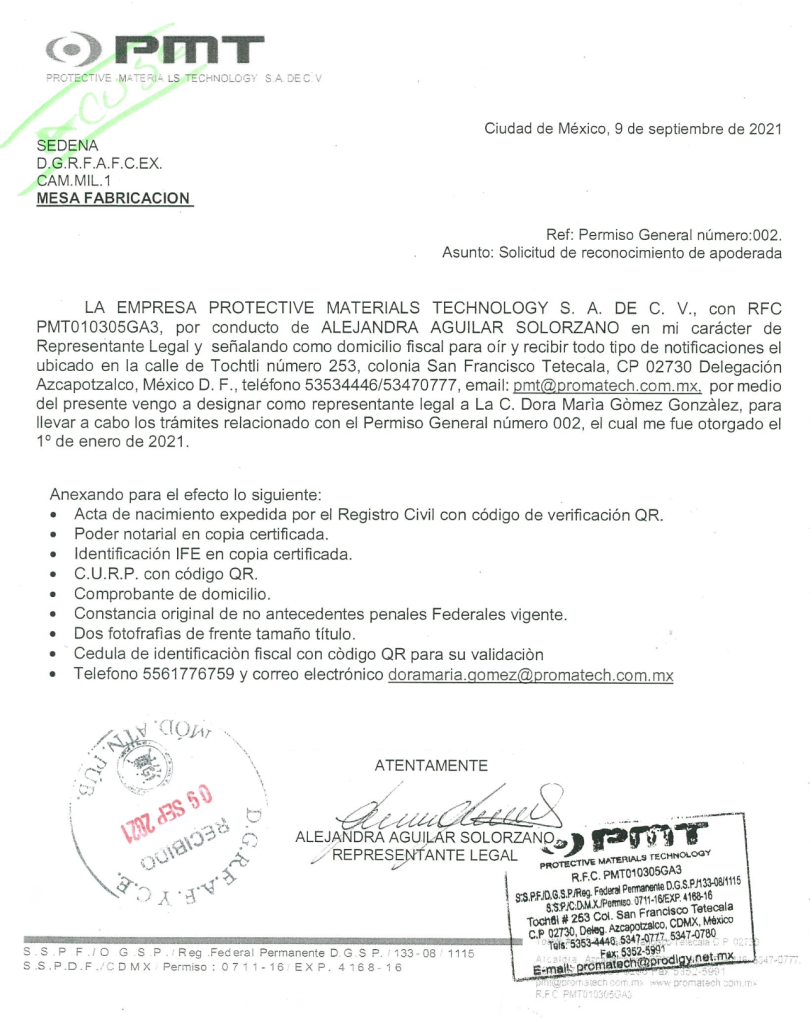Carta dirigida a la SEDENA en la que Alejandra Aguilar Solórzano firma a nombre de la empresa Protective Materials Technology.