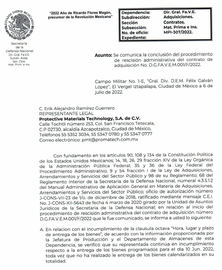 Carta en la que la SEDENA canceló la rescisión del contrato a “Protective Materials Technology”.
