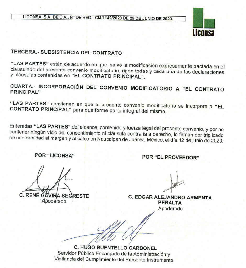 Contrato firmado por Hugo Buentello Carbonell, como funcionario de Liconsa, y Grupo Vicente Suárez 73, empresa investigada por la FGR.