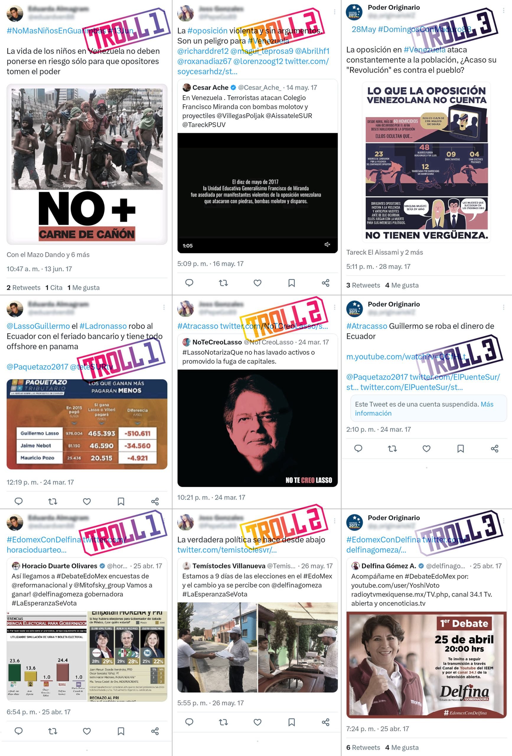 Capturas de pantalla que muestran cuentas falsas de Twitter que usó Neurona para diseminar paralelamente información falsa sobre Lasso y atacar a la oposición venezolana. Imágenes obtenidas de la red social Twitter