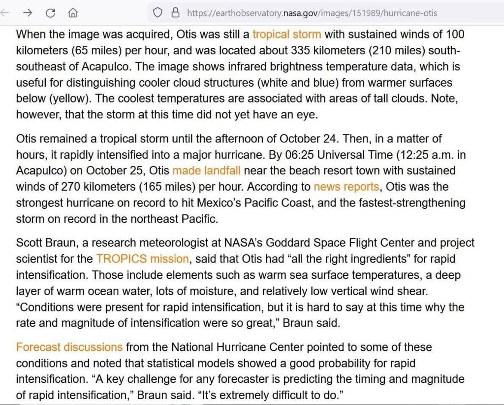 Al hablar sobre la evolución de Otis, la NASA destacó las aportaciones del Centro Nacional de Huracanes estadounidense sobre su rápida intensificación.