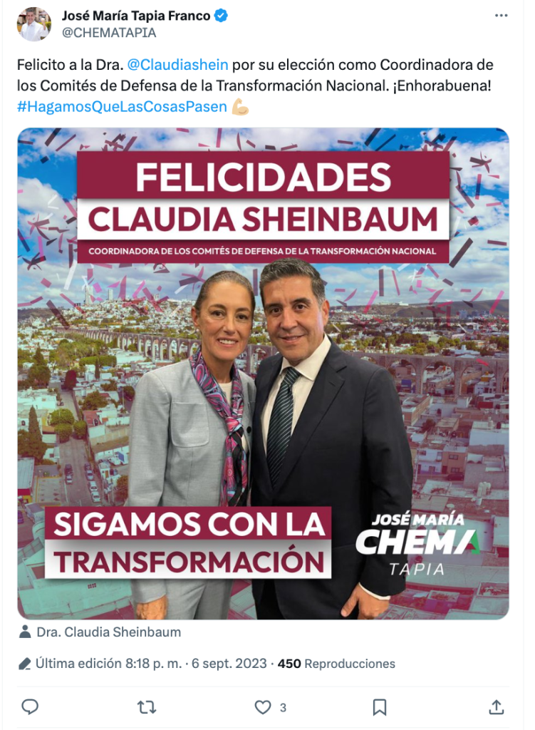 José María Tapía Franco felicitando a Claudia Sheinbaum cuando fue elegida como Coordinadora de los Comités de la Defensa de la 4T