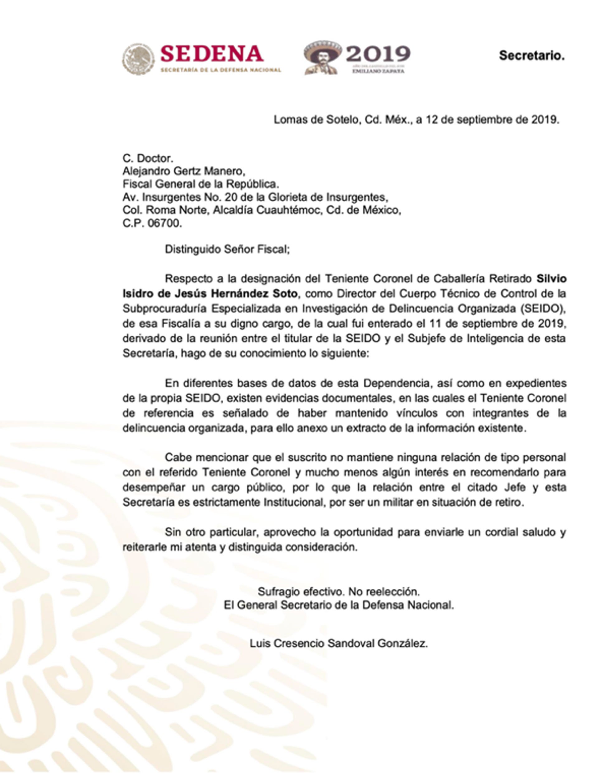 Carta del General Secretario Luis Cresencio Sandoval dirigida al Fiscal General de la República Alejandro Gertz Manero