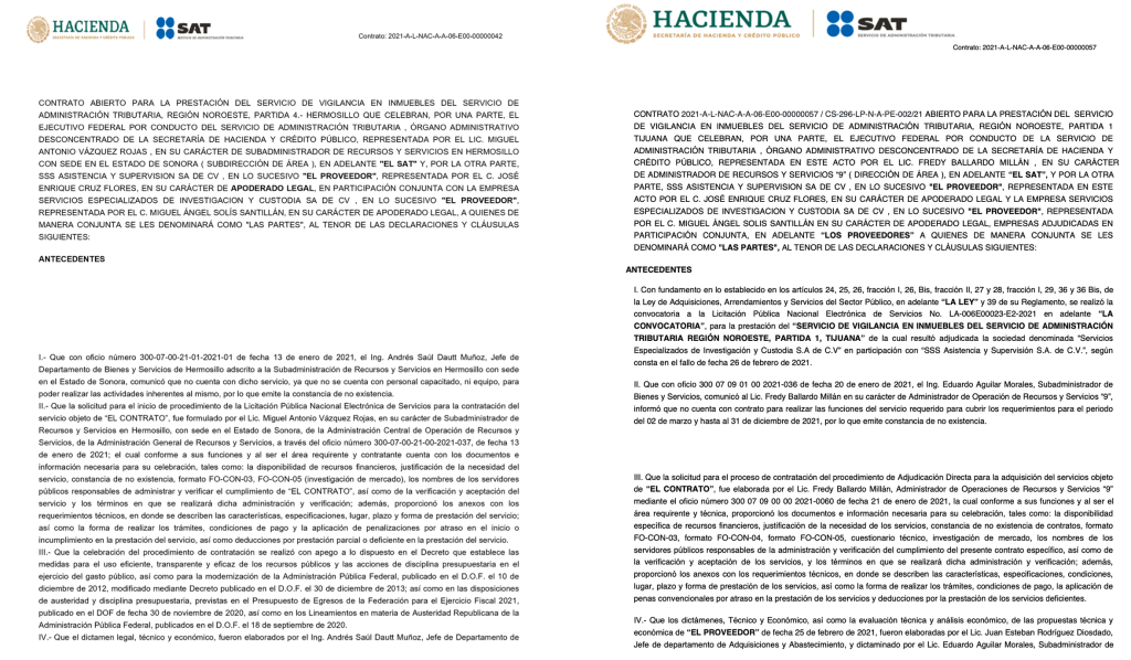 Contratos que el SAT asignó a SEICSA para custodiar las aduanas de Tijuana y Nogales, dos de los puntos que han sido conflictivos en el contrabando de combustible. 