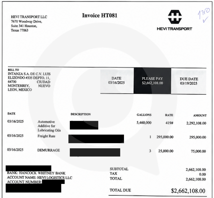 Factura de la empresa texana Hevi Transport, que reporta haber vendido a Intanza 5 millones 460 mil galones, equivalente a 20 millones de litros.