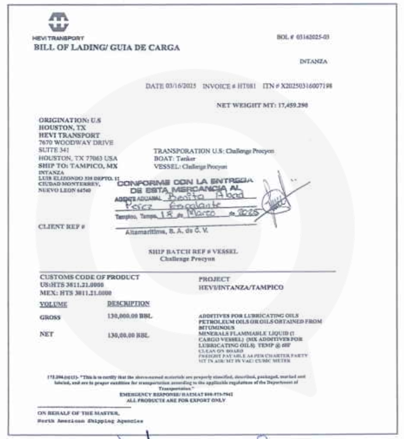 Gu&iacute;a de carga de Hevi Trasport que reporta el env&iacute;o desde Houston de 17 millones 459 mil kilogramos aditivos lubricantes, equivalente a m&aacute;s de 20 millones de litros.