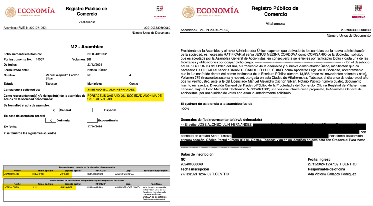 En noviembre de 2024 Juan Carlos de la Cruz cedió la administración de Portacelis Gas and Oil a un residente en la Ranchería Ixtacomitán, sin historia empresarial previa.