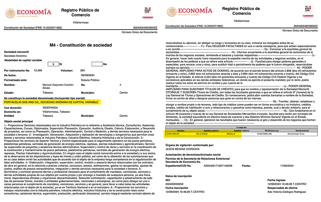 Acta constitutiva de Portacelis Gas and Oil, en la que el contador de Amílcar Olán, Juan Carlos De la Cruz, fue nombrado administrador único.