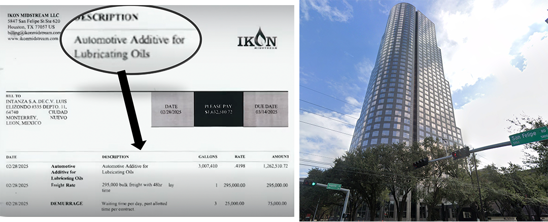 Factura de una venta de Ikon a Intanza, empresa investigada por sus vínculos con el CJNG. Desde su origen, el combustible era reportado como “aditivo para automóviles” y no diésel, que era lo que ingresaba al país. Ikon tenía su sede en un edificio en Houston (derecha).