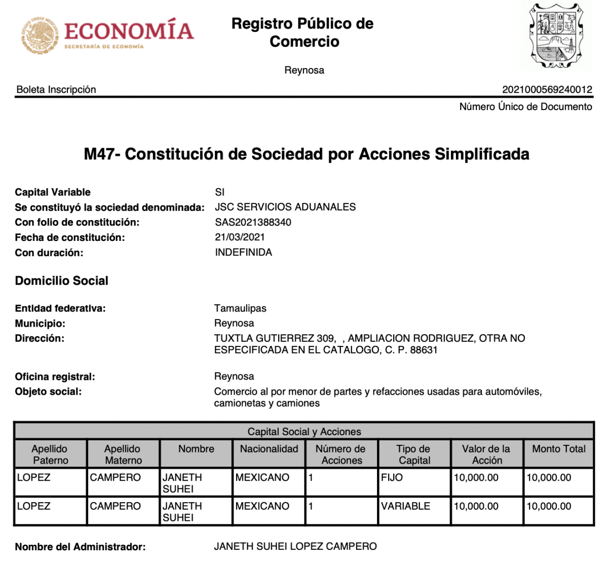 En el acta constitutiva de JSC se precisa que su objeto social es el comercio de refacciones usadas. La empresa fue creada con una sola accionista que aport&oacute; 10 mil pesos.
