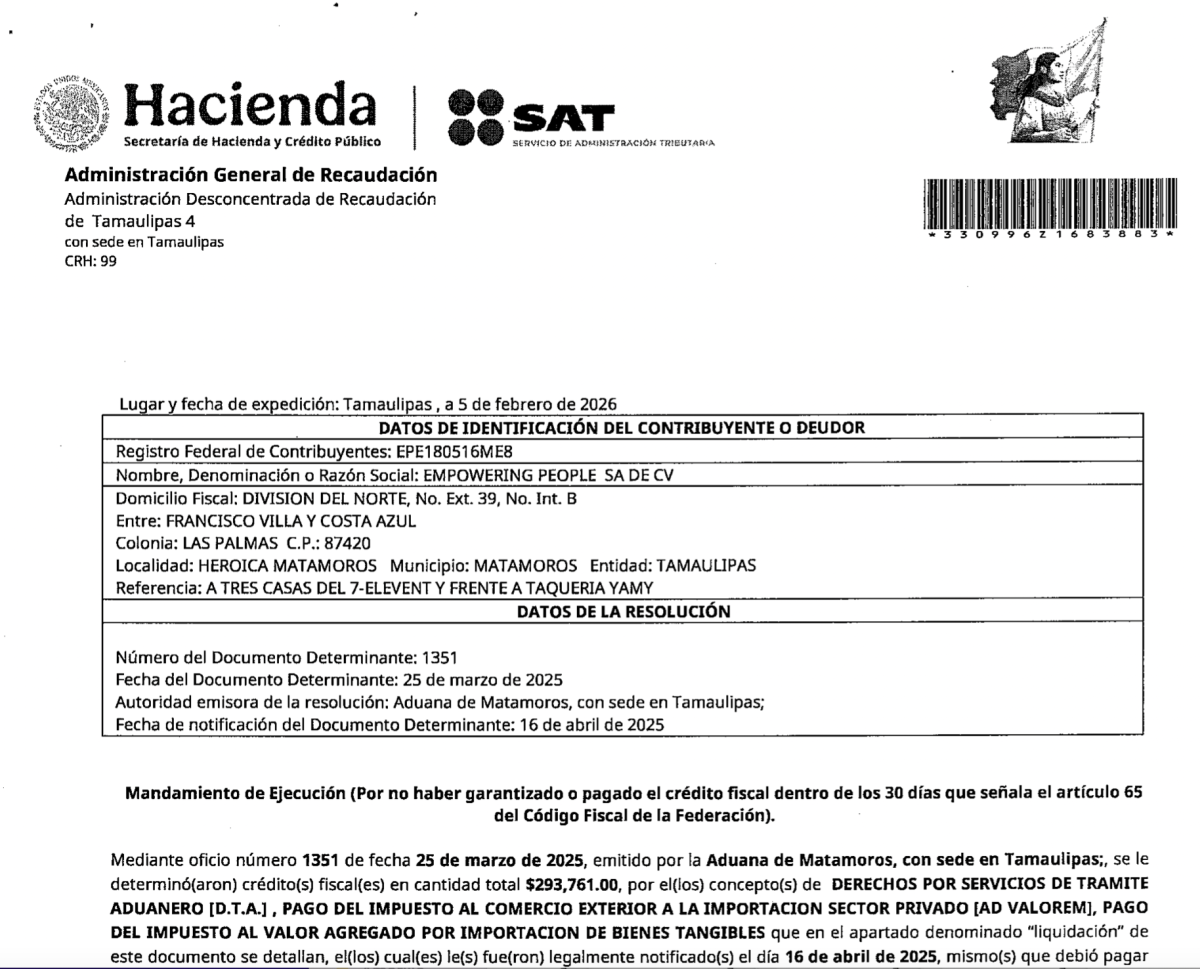 En febrero de 2026, el SAT determin&oacute; que por cada cargamento, la empresa hab&iacute;a omitido el pago de 293 mil pesos de distintos impuestos.