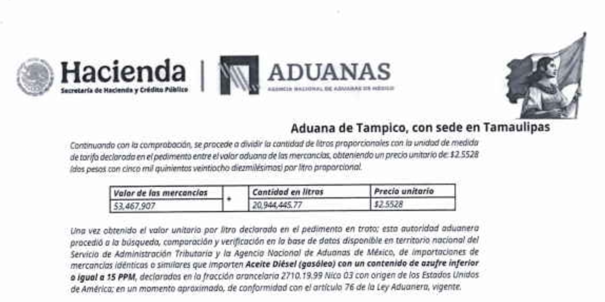 Documento de Aduanas que confirma que el buque Challenge Procyon traía 20.9 millones de litros, y no 10 millones como reportó en marzo de 2025 la Secretaría de Seguridad federal. El mismo documento refiere que Intanza reportó un precio inferior de su mercancía para evadir impuestos.