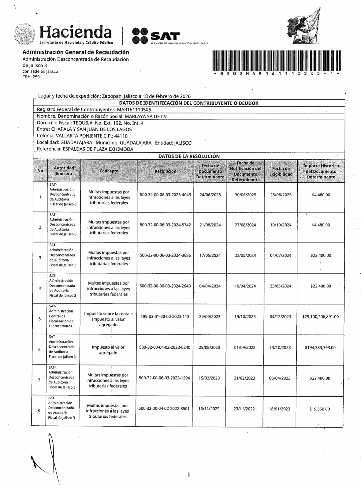 Requerimiento de pago enviado a Marlaya por un monto de 29 mil 294 millones de pesos.
