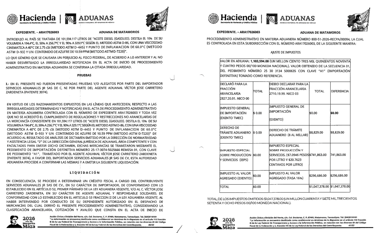 Al realizar pruebas de laboratorio al contenido de los ferrotanques, se determin&oacute; que lo que Servicios Aduanales JR importaba era di&eacute;sel. Por cada ferrotanque omiti&oacute; el pago de m&aacute;s de un mill&oacute;n de pesos.