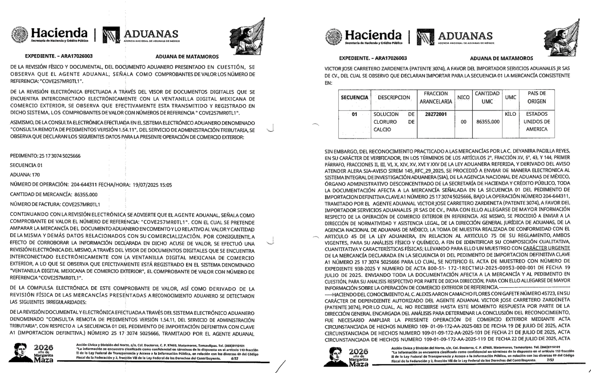 Una serie de revisiones de Aduanas a ferrotanques refieren que Servicios Aduanales JR declar&oacute; importar millones de litros de Cloruro de Calcio.