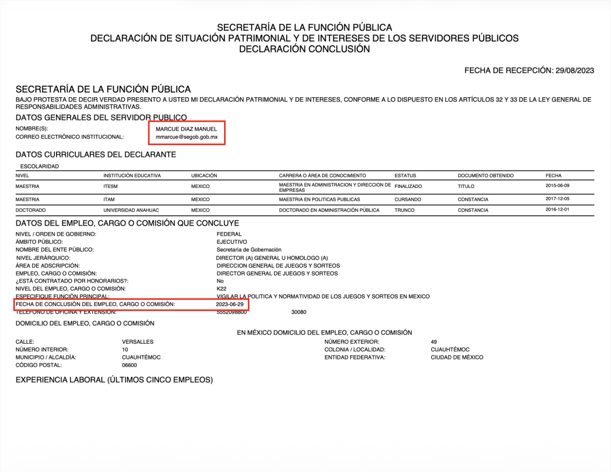 Seg&uacute;n su declaraci&oacute;n patrimonial de conclusi&oacute;n, Marcu&eacute; D&iacute;az dej&oacute; el cargo el 29 de junio, un d&iacute;a despu&eacute;s de otorgar el permiso.